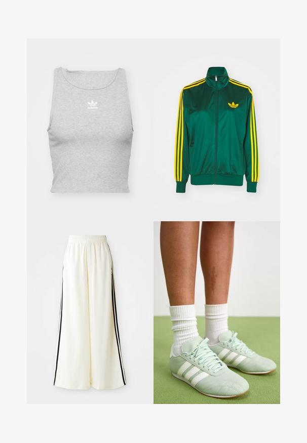 Groene satijnen trainingsjack, met rits aan de voorkant, hoge kraag, gele drie-strepen design op de mouwen en een klein geel logo op de borst.; Grijze, mouwloze crop top gemaakt van een zachte stof, met een ronde halslijn en een klein wit Adidas-logo op de borst.; Witte wijde broek met elastische tailleband en zwarte verticale strepen langs de buitennaad.; Mintgroene sportschoenen met witte strepen, gladde leren textuur, ronde teen en rubberen zool, gecombineerd met witte geribde sokken.