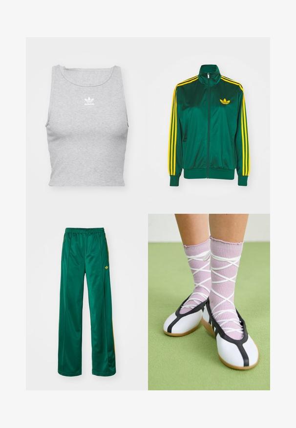 Grüne Satin-Trainingsjacke, mit Reißverschluss vorne, hohem Kragen, gelbem Drei-Streifen-Design an den Ärmeln und kleinem gelben Logo auf der Brust.; Graues, ärmelloses Crop-Top aus weichem Stoff, mit Rundhalsausschnitt und kleinem weißen Adidas-Logo auf der Brust.; Grüne satinierte Sporthosen mit entspannter Passform, mit gelben Streifenakzenten und einem gestickten Logo auf der linken Seite. Elastischer Bund.; Beine mit gerippten lavendelfarbenen Socken mit weißen überkreuzten Riemen, kombiniert mit weißen Ballettschuhen mit schwarzem Rand auf grünem Boden.