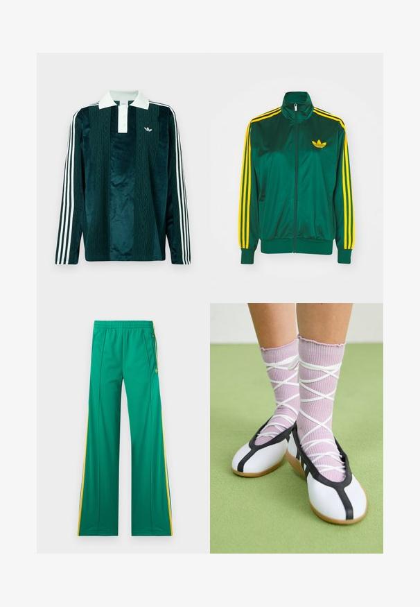 Grüne Satin-Trainingsjacke, mit Reißverschluss vorne, hohem Kragen, gelbem Drei-Streifen-Design an den Ärmeln und kleinem gelben Logo auf der Brust.; Langärmliges Polohemd aus dunkelgrünem Samt mit weißen Akzenten. Verfügt über eine drei-Knopf-Leiste, ein gesticktes Logo und drei weiße Streifen an den Ärmeln.; Grüne Trainingshose mit gelben Seitenstreifen, elastischem Bund und Reißverschlusstaschen, flach auf weißem Hintergrund präsentiert.; Beine mit gerippten lavendelfarbenen Socken mit weißen überkreuzten Riemen, kombiniert mit weißen Ballettschuhen mit schwarzem Rand auf grünem Boden.