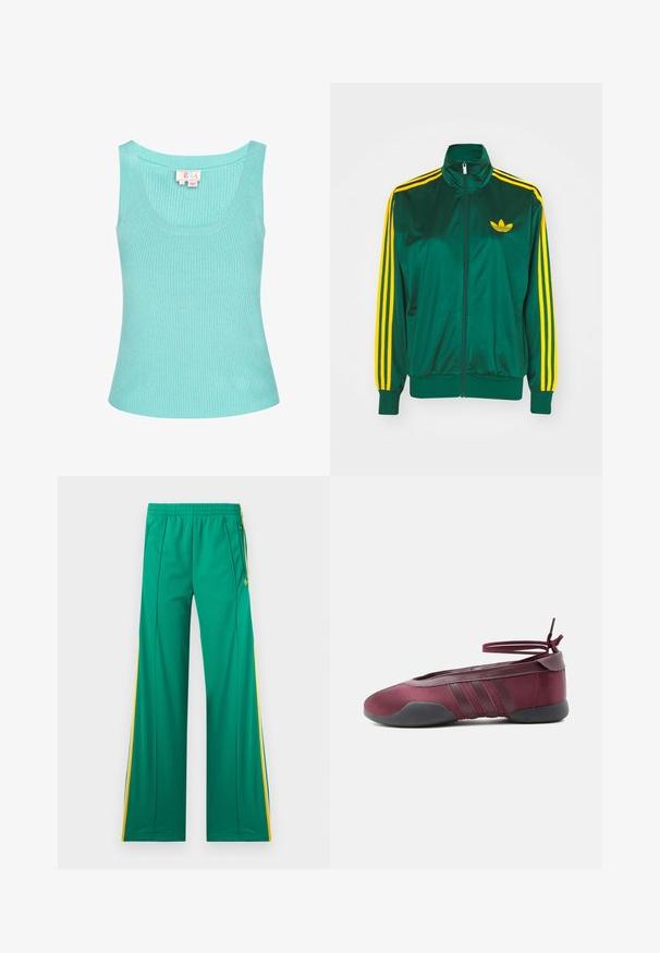 Groene satijnen trainingsjack, met rits aan de voorkant, hoge kraag, gele drie-strepen design op de mouwen en een klein geel logo op de borst.; Lichtblauw geribbeld tanktop met een ronde halslijn en brede schouderbanden. De stof lijkt glad met een lichte stretch. Etiket zichtbaar aan de binnenkant.; Groene trainingsbroeken met gele zijstrepen, een elastische tailleband en ritszakken, plat weergegeven tegen een witte achtergrond.; Bordeauxrode ballerina met zwarte zool, elastische enkelbandjes die in een strik zijn gebonden, en gestikte details aan de zijkanten, gezien vanaf de buitenkant.