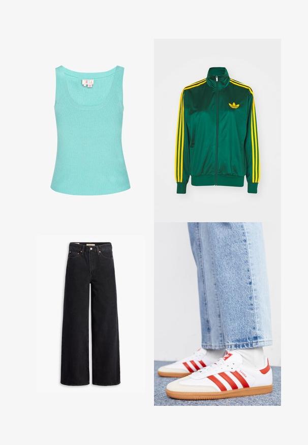Grüne Satin-Trainingsjacke, mit Reißverschluss vorne, hohem Kragen, gelbem Drei-Streifen-Design an den Ärmeln und kleinem gelben Logo auf der Brust.; Helles blaues, geripptes Tank-Top mit rundem Ausschnitt und breiten Schulterträgern. Der Stoff wirkt glatt mit einem leichten Stretch. Etikett ist innen sichtbar.; Schwarze weite Jeans aus Denim mit fünf Taschen, Kupferrivets und einem klassischen Knopfverschluss. Glatte Textur mit einem klaren Design.; Weiße Leder Sneaker mit roten Streifen und Akzenten. Verfügt über eine strukturierte Gummi-Laufsohle und einen gepolsterten Schaft. Tragen mit hellblauer Jeans.