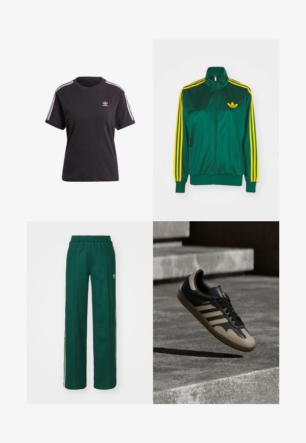 Grøn satin trackjakke, lynlåsfortil, høj krave, gul tre-stripes design på ærmerne og et lille gult logo på brystet.; Sort bomulds t-shirt med korte ærmer og rund hals, der har hvide striber på skuldrene og et lille hvidt Adidas-logo på brystet.; Mørkegrønne træningsbukser med en afslappet pasform, der har snor i taljen, sidelommer og cremefarvede striber langs siderne.; Sort og beige lædersneaker med tre hvide striber, tanfarvet gummisål og gyldent "Samba"-detalje på siden.