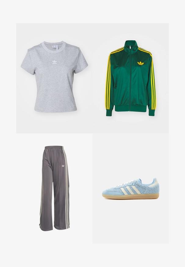 Grøn satin trackjakke, lynlåsfortil, høj krave, gul tre-stripes design på ærmerne og et lille gult logo på brystet.; adidas Originals ESS SLIM TEE - T-shirts basic - medium grey heather; Grå vidde track bukser med elastisk talje, hvide sidelommer, lynlåslomme og Adidas-logo på højre lår.; Lav sko med lys blå vævet overdel, hvide striber, hvide snørebånd, lys blå ruskindstrop og sål af gumgummi.