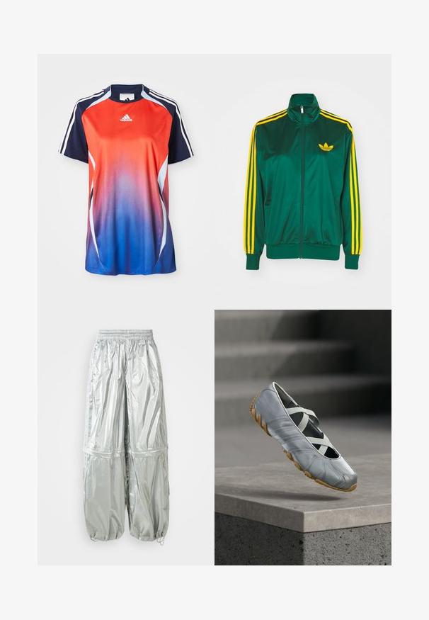 Chaqueta de pista satinada verde, con cremallera en la parte delantera, alto cuello, diseño de tres rayas amarillas en las mangas y un pequeño logo amarillo en el pecho.; Camisa deportiva de manga corta de Adidas con un degradado que va del rojo al azul, con detalles en azul marino y rayas blancas a lo largo de los hombros.; Pantalones cargo ligeros plateados con una textura brillante, cinturilla elástica, puños fruncidos y dos grandes bolsillos frontales.; Zapato informal gris claro con tiras elásticas cruzadas y suela marrón texturizada, colocado sobre un borde de hormigón con escaleras al fondo.