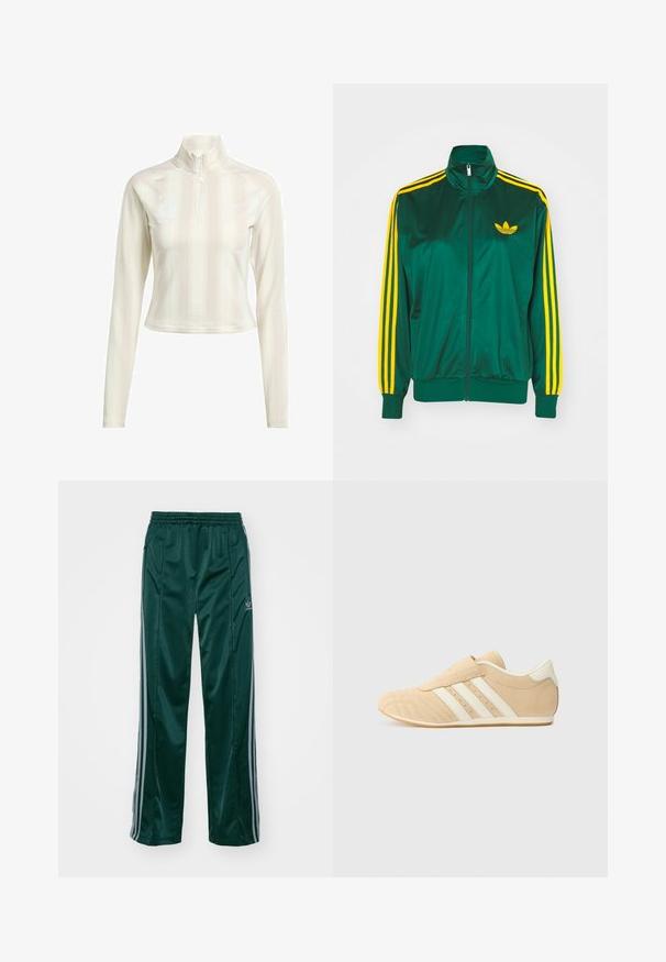Chaqueta de pista satinada verde, con cremallera en la parte delantera, alto cuello, diseño de tres rayas amarillas en las mangas y un pequeño logo amarillo en el pecho.; Sudadera blanca de manga larga con cremallera y cuello alto, que presenta sutiles rayas verticales y logotipos en el pecho y la manga. Textura de tela suave.; Pantalones deportivos de color verde oscuro, hechos de un material brillante, con franjas laterales en gris claro y un logotipo bordado en la pierna izquierda.; Zapatillas deportivas en tono marrón y crema con un acabado de cuero suave, tres rayas blancas en el lateral y una puntera redondeada. Parte superior texturizada con perforaciones.