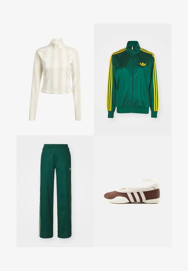Groene satijnen trainingsjack, met rits aan de voorkant, hoge kraag, gele drie-strepen design op de mouwen en een klein geel logo op de borst.; Witte langesleeve zip-up top met hoge kraag, met subtiele verticale strepen en logo-accenten op de borst en mouw. Zachte stofstructuur.; Donkergroene sportbroek met een relaxte pasvorm, voorzien van een trekkoord in de taille, zijzakken en crèmekleurige strepen aan de zijkanten.; Bruine en witte ballerinaschoenen met drie witte strepen en een strik om de enkel op een effen lichte achtergrond.