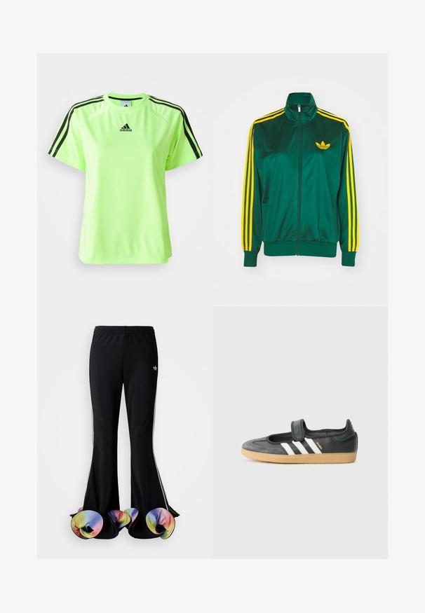 Chaqueta de pista satinada verde, con cremallera en la parte delantera, alto cuello, diseño de tres rayas amarillas en las mangas y un pequeño logo amarillo en el pecho.; Camiseta deportiva de color verde neón, fabricada con tejido que absorbe la humedad. Presenta un diseño de tres rayas negras en los hombros y un logo centrado en el pecho.; Pantalones deportivos negros con un diseño acampanado amplio. Cuenta con bajos coloridos y ondulados, y franjas blancas a los lados. Elaborados en tejido elástico.; Zapatilla de deporte de cuero negro y ante con una correa de Velcro, que presenta tres rayas blancas y una suela de goma, etiquetada "SAMBA" en el lateral.