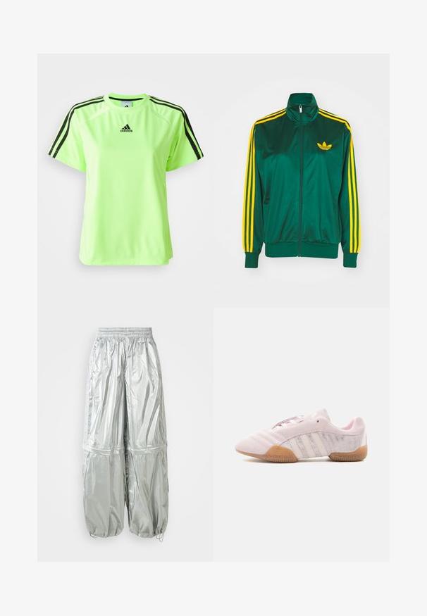 Grøn satin trackjakke, lynlåsfortil, høj krave, gul tre-stripes design på ærmerne og et lille gult logo på brystet.; Neon grøn atletisk t-shirt lavet af svedtransporterende stof. Har et sort tre-stripes design på skuldrene og logoet centreret på brystet.; Sølv letvægts cargo-bukser med en skinnende overflade, elastisk talje, samlede manchetter og to store forlommer.; Lyserød ruskindssneaker med hvide striber, gummisål og teksturerede sidestykker, vist fra indersiden på en hvid baggrund.