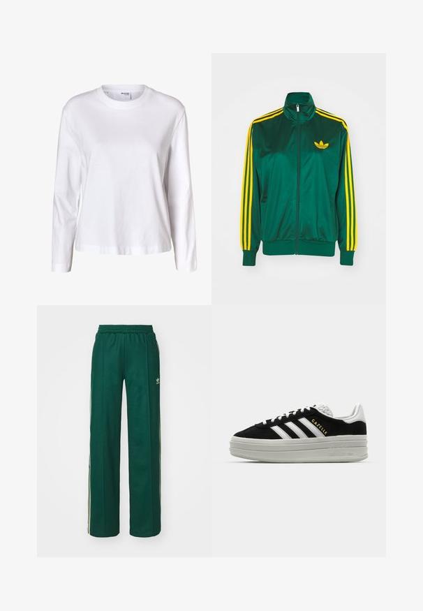 Chaqueta de pista satinada verde, con cremallera en la parte delantera, alto cuello, diseño de tres rayas amarillas en las mangas y un pequeño logo amarillo en el pecho.; Camisa blanca lisa de mujer con mangas largas, cuello redondo, bajo recto y sin patrones ni logos visibles.; Pantalones deportivos de color verde oscuro con un corte relajado, que cuentan con una cintura con cordón, bolsillos laterales y franjas color crema a lo largo de los costados.; Zapatillas negras de ante con detalles en cuero blanco, tres rayas blancas, cordones planos y una gruesa suela de plataforma gris. Marca "Gazelle" en dorado.