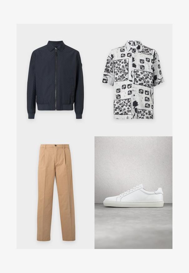 Marineblå jakke i let materiale med geometrisk mønster, lynlås og ribstrikkede manchetter. Har krave og to sidelommer.; Kortærmet skjorte med knapper, med sorte og hvide blomster- og løvmønstre i firkantede og spredte former på en lys baggrund.; Khaki bukser med lige ben-design, lavet af bomuldsstof; har en enkelt knaplukning og to frontfolder.; Hvide sneakers med en glat læderoverdel og lav profil. Har en rund tå, seks snørehuller og en tekstureret gummisål.
