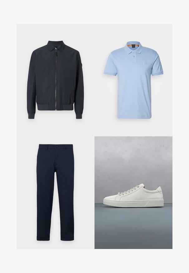 Marineblaue Jacke aus leichtem Material mit geometrischem Muster, Reißverschluss und gerippten Bündchen. Verfügt über einen Kragen und zwei Seitentaschen.; Himmelblaues Poloshirt aus Baumwolle. Verfügt über einen klassischen Kragen, zwei Knöpfe und ein kleines Logoplatzchen auf der Brust. Kurze Ärmel.; Marineblaue Baumwollhosen mit geradem Bein, Knopfverschluss, Fronttaschen und aufgeschlagenen Säumen für einen sauberen Abschluss.; Weißes Leder-Sneaker mit abgerundetem Zehenbereich, minimalistisches Design, graue Schnürsenkel und einer strukturierten grauen Gummisohle. Dezente Nähte sichtbar.