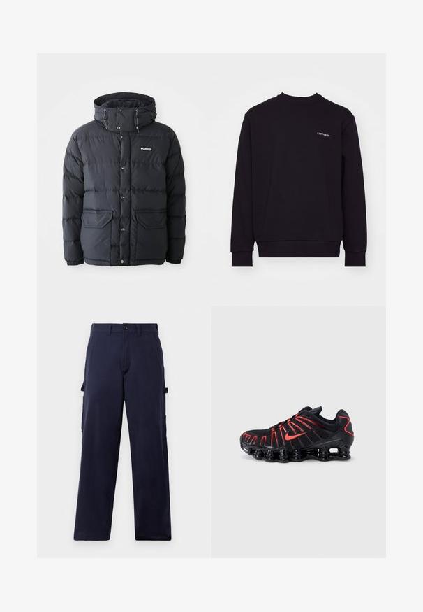 Sort pufferjakke med snører til hætten, trykknapslukning, to forlommer og quiltet design. Lavet af vandafvisende materiale.; Sort sweatshirt lavet af blødt materiale med rund hals, lange ærmer og ribbede manchetter. Har et lille hvidt logo på brystet.; Mørkeblå straight-leg bukser med bæltestropper, front knappetryk og sidelommer til redskaber, præsenteret mod en hvid baggrund.; Sorte atletiksko med røde detaljer, der har en struktureret mesh-overdel, et unikt bølget design og en formstøbt polstret sål.