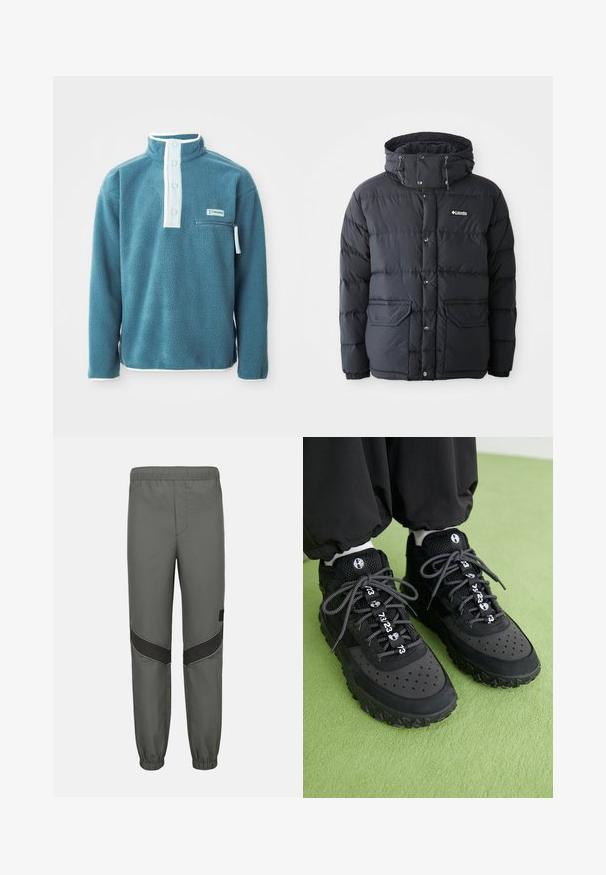Schwarze Pufferjacke mit einer Kordelzugkapuze, Druckknopfverschluss, zwei Fronttaschen und gestepptem Design. Hergestellt aus wasserabweisendem Material.; Tamaris-farbenes Fleece-Pullover mit hohem Kragen, vierknöpfem Vorderseite und einer Reißverschlusstasche auf der Brust. Mit weißen Akzenten entlang des Kragens und der Ärmel.; Graue Trainingshose mit elastischem Bund, schwarzen Chevron-Paneelen an den Knien und elastischen Bündchen, entworfen für Freizeit- oder Sportkleidung.; Schwarze Sneaker bestehen aus einer Kombination von Leder und Mesh-Materialien, haben eine strukturierte Gummisohle, auffällige Perforationen und gemusterte Schnürsenkel mit numerischen Akzenten.