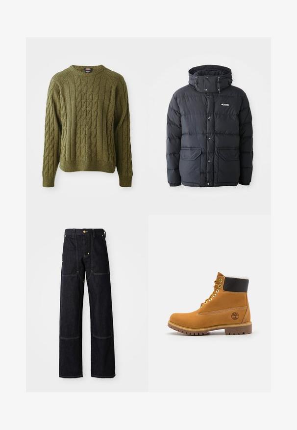 Sort pufferjakke med snører til hætten, trykknapslukning, to forlommer og quiltet design. Lavet af vandafvisende materiale.; Grøn kabelstrikket sweater med rund hals, tekstureret mønster, ribbestrikkede manchetter og kant, med farveklatter i hele stoffet.; Mørkeblå denimbukser med lige ben, der har gule stikninger og forlommer. Stoffet ser solidt og struktureret ud.; Brune læder ankelstøvle med metaløjer, hvid pelsforing, sort polstret krave, robust sål og præget logo på siden.