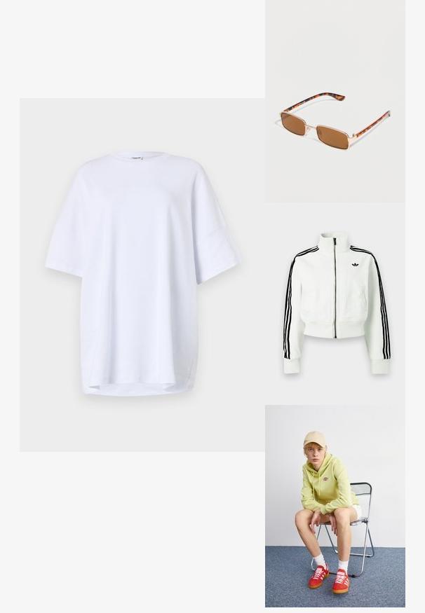 Hvid cropped jakke med høj krave, frontlynlås, sorte stribede detaljer på ærmerne og en lille sort logo på brystet.; Kortærmet, oversized hvid t-shirt lavet af bomuld. Rund halsudskæring, sidesprækker ved kanten og glat tekstur uden synlige mønstre eller detaljer.; Lysegrøn hættetrøje med logo, hvide shorts, røde sneakers med hvide striber, siddende på en krom foldebænk mod en neutral baggrund.; Rektangulære brune solbriller med linser, tyndt gyldent metalstel og skildpaddeskalsmønstrede stænger på hvid baggrund.