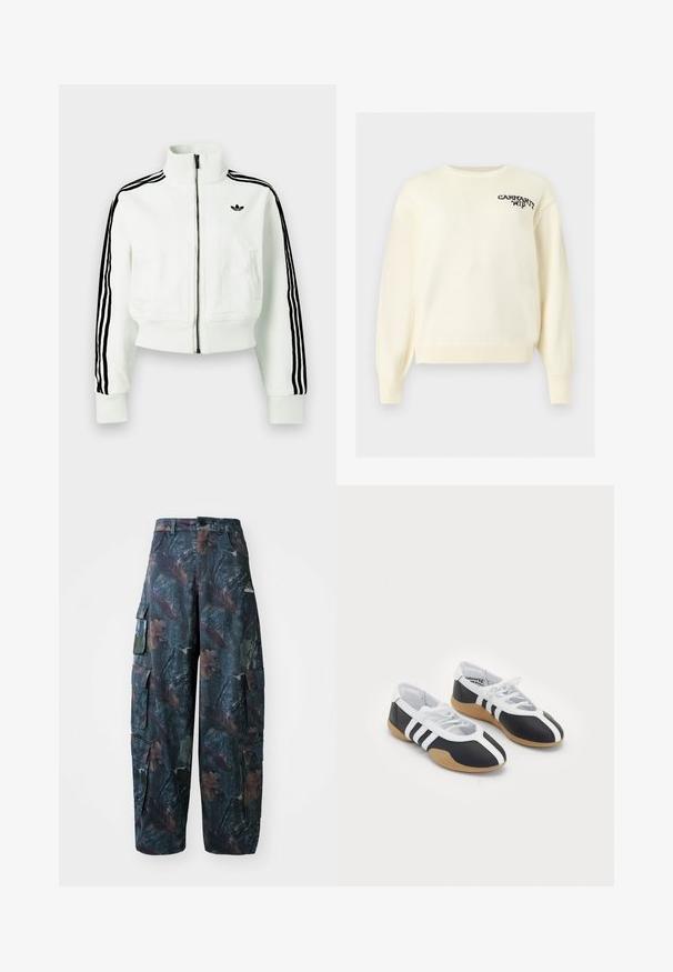 Veste blanche courte avec col montant, fermeture éclair à l'avant, accents de rayures noires sur les manches, et un petit logo noir sur la poitrine.; Pull en maille couleur crème avec poignets et ourlet côtelés, avec un petit logo texte noir sur le haut gauche de la poitrine.; Pantalons cargo camouflage en vert foncé et marron, dotés de plusieurs poches et d'une coupe décontractée, fabriqués à partir d'un tissu léger et résistant.; Baskets de sport noir et blanc au design élégant, semelle en caoutchouc, fermeture à lacets et trois rayures blanches sur les côtés.