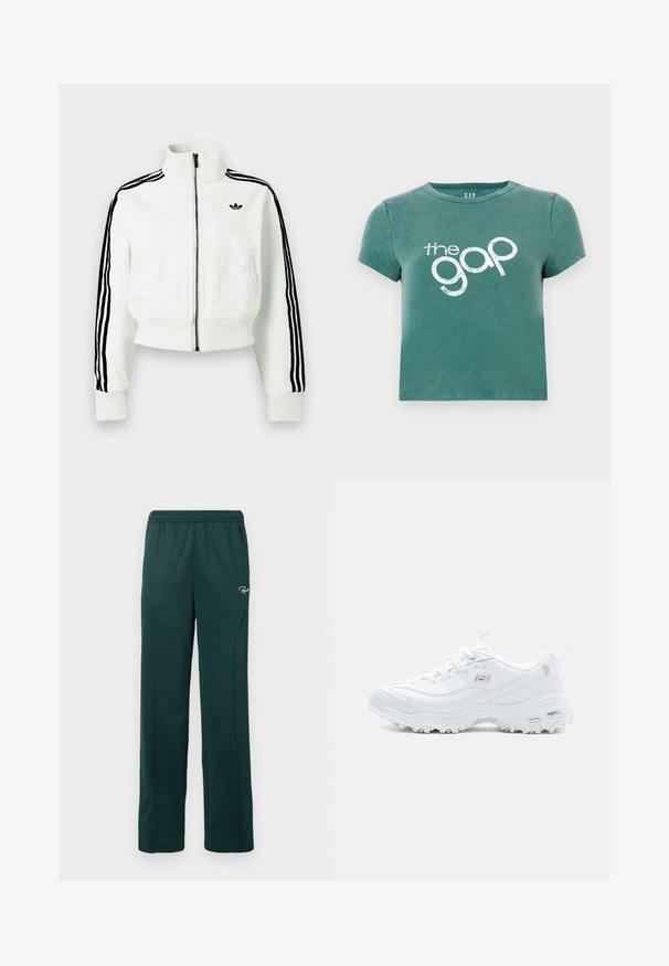 Witte cropped jas met een hoge kraag, ritssluiting aan de voorkant, zwarte gestreepte accenten op de mouwen en een klein zwart logo op de borst.; Groene korte mouwen t-shirt van katoen, met een wit gedrukt logo "the gap" aan de voorkant. Gekropt ontwerp met een ronde halslijn.; Donkergroene sweatpants van zacht materiaal, met een elastische tailleband en zijnaadseams, en een klein logo op de voorkant.; Witte sportieve sneakers met een gestructureerde synthetische bovenkant, ronde neus, vetersluiting, gevoerde zool en een geprofileerde loopzool.