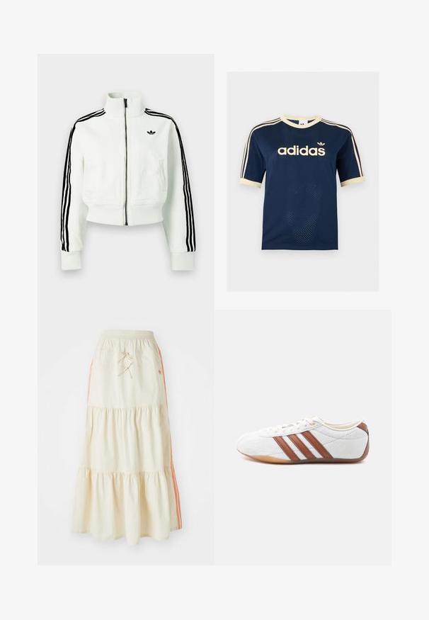 Biely krátky kabátik s vysokým golierom, predným zipsom, čiernymi prúžkami na rukávoch a malým čiernym logom na prsiach.; Tmavomodré Adidas sieťované tričko s krátkym rukávom s krémovým lemom, troma krémovými pruhmi na rukávoch a logom Adidas na hrudi.; Svetlo krémová midi sukňa v tierovanom štýle s elastickým pásom a šnúrkou na stiahnutie. Má oranžové bočné pruhy a mäkkú, hladkú bavlnenú textúru.; Biele nízke tenisky s hnedými koženými pruhmi, viazaním na šnúrky a podrážkou z gumovej gumy, zobrazené z vnútornej strany na bielom pozadí.