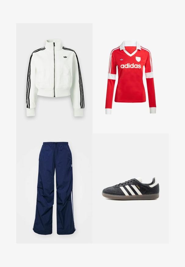 Biely krátky kabátik s vysokým golierom, predným zipsom, čiernymi prúžkami na rukávoch a malým čiernym logom na prsiach.; Červený futbalový dres s dlhým rukávom a bielym golierom a manžetami. Na ramenách sú tri biele pruhy a výrazne zobrazené logo "adidas".; Tmavomodré, ľahké nohavice s elastickým pásom a sťahovacou šnúrkou, so svetlými bočnými pásmi a malým logom na prednej strane. Strih voľného strihu.; Čierna teniska Adidas Samba s bielymi pruhmi, gumovou podrážkou a zlatým nápisom „Samba“ na boku, zobrazená z ľavého profilu na jednoduchom pozadí.