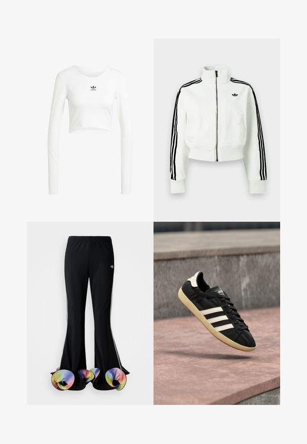 Witte cropped jas met een hoge kraag, ritssluiting aan de voorkant, zwarte gestreepte accenten op de mouwen en een klein zwart logo op de borst.; Witte, korte lange mouw shirt van ribstof katoen. Heeft een ronde hals en een klein zwart Adidas-logo op de borst.; Zwarte sportbroek met een brede, uitlopende snit. Voorzien van kleurrijke, gerimpelde onderranden en witte zijstrepen. Gemaakt van rekbaar materiaal.; Zwarte Adidas sneaker met witte strepen en beige zool, vastgelegd in de lucht boven een stenen oppervlak en een stenen muur op de achtergrond.