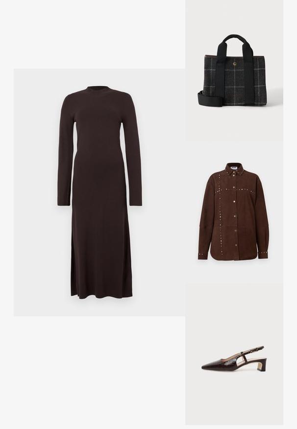 Chemise à manches longues en daim marron avec col pointu, clous dorés et argentés le long des coutures, boutons à l'avant et aux poignets, étiquette Moschino à l'intérieur du col.; Robe en tricot marron à manches longues avec un col haut et des fentes sur les côtés. Texture lisse et silhouette ajustée. Design simple et minimal.; Chaussure slingback en cuir marron foncé à texture crocodile, bout pointu, talon bas bloc et bride ajustable avec boucle dorée.; Sac à main en tissu à carreaux gris foncé avec des anses noires et une bandoulière amovible, avec un petit bouton métallique rond en détail.