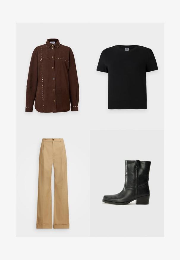 Brun ruskind langærmet skjorte med spids krave, guld- og sølvnitter langs sømmene, knapper foran og ved manchetter, Moschino-mærke inden i kraven.; Sort bomulds t-shirt med rund hals og korte ærmer. Enkel design, ingen mønstre eller detaljer, med lige skæring ved taljen.; Beige bredde benbukser med knaplukning, der har en glat tekstur og pressede folder. Krummede nederkanter for ekstra detaljer.; Sort læder ankelstøvle med rundt tå, blokhæl, lynlås i siden og stikninger på vampsiden. Glat tekstur, klassisk design.