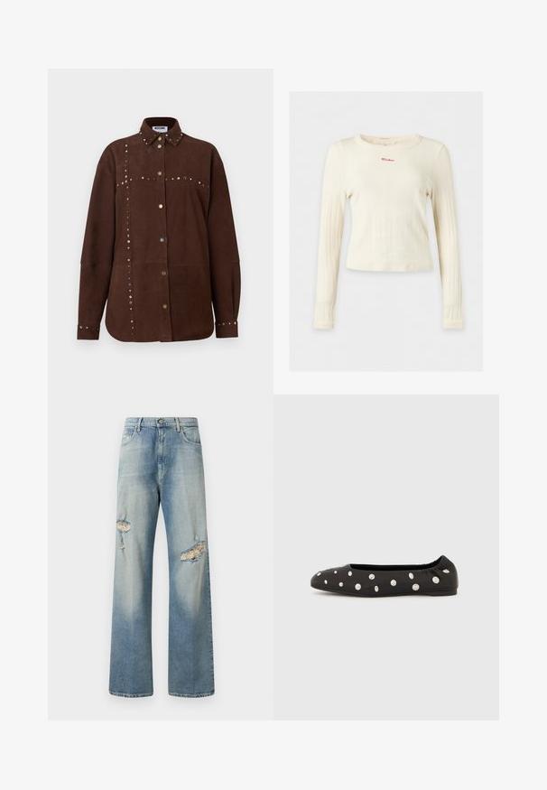Bruine suède blouse met lange mouwen en een puntige kraag, gouden en zilveren studs langs de naden, knopen aan de voorkant en manchetten, Moschino-label aan de binnenkant van de kraag.; Crèmekleurig geribd shirt met lange mouwen, ronde hals en kleine rode "Mother" tekst geborduurd op de borst.; Lichtblauwe denim wijde jeans met verwassen scheuren aan de voorkant, knoopsluiting en klassiek vijf-pocket ontwerp. Zachte textuur.; Zwarte ballerina met elastische achterkant en verspreide grote zilveren ronde studs op de bovenzijde, in profiel weergegeven tegen een witte achtergrond.