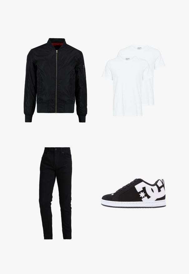 Schwarze Bomberjacke mit durchgehendem Reißverschluss, gerippten Bündchen und Saum sowie einer glatten Außenfläche. Verfügt über ein rotes Futter und eine Reißverschlusstasche am Ärmel.; Zwei einfarbige weiße T-Shirts mit kurzen Ärmeln und Rundhalsausschnitt, die sich auf einem weißen Hintergrund überlappen.; Schwarze Denim-Jeans im Slim-Fit-Schnitt mit mittelhoher Taille, Fünf-Taschen-Design und dezenten Nähdetails. Glattes, strukturiertes Material.; Schwarzer Sneaker mit weißen Akzenten und Logo. Verfügt über eine runde Zehenpartie, eine gepolsterte Sohle, flache Schnürsenkel und ein glattes Obermaterial. Seitenansicht.