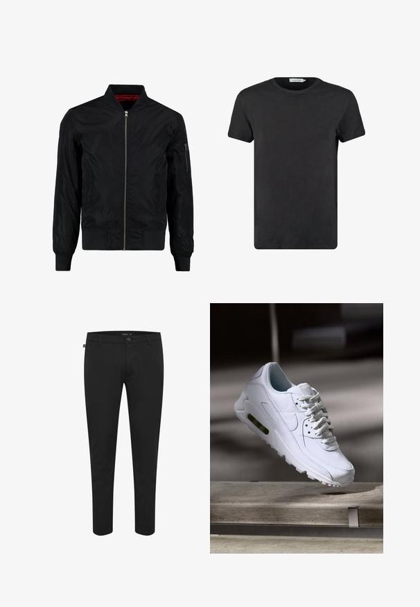 Veste bomber noire avec fermeture éclair à l'avant, poignets et ourlet côtelés, et une surface lisse. Présente une doublure rouge et une poche zippée sur la manche.; T-shirt en coton noir avec un col rond et des manches courtes. Le tissu a une texture lisse et sans motifs ni accents. Coupe classique.; Pantalon noir en tissu lisse. Dispose d'une fermeture à bouton, de passants de ceinture, et d'une coupe slim avec des jambes fuselées. Pas de motifs visibles.; Baskets blanches en cuir avec des surfaces texturées, un col rembourré et un amorti d'air visible dans la semelle. Elles possèdent des lacets et un design minimaliste.