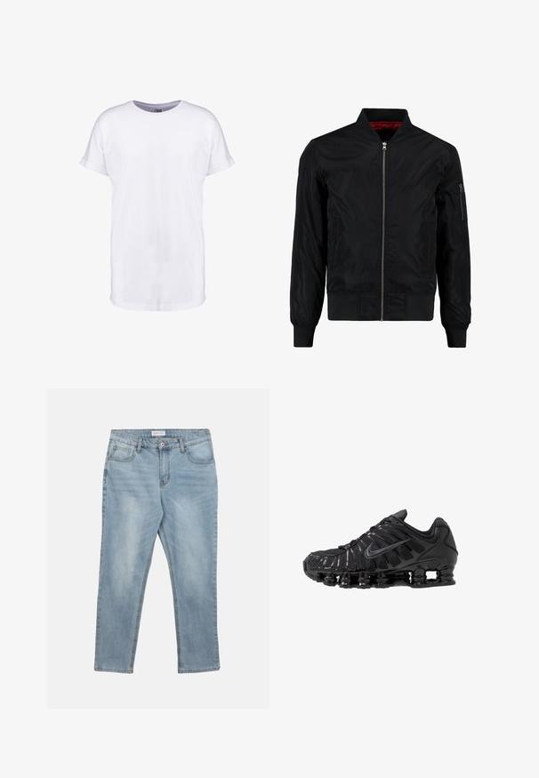 Chaqueta bomber negra con cierre frontal, puños y dobladillo acanalados, y un exterior liso. Presenta un forro rojo y un bolsillo con cremallera en la manga.; Camiseta de algodón blanca con mangas cortas, cuello redondo y un corte relajado. Textura suave y sin patrones ni diseños visibles.; Pantalones vaqueros de mezclilla azul claro con botón frontal y cremallera, trabillas para cinturón y cinco bolsillos, colocados planos sobre un fondo blanco.; Zapatillas deportivas negras fabricadas con malla y materiales sintéticos, con un diseño ondulado distintivo, suela de goma negra y detalles reflectantes.