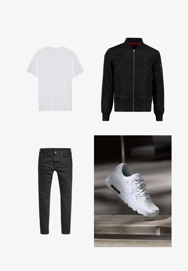 Veste bomber noire avec fermeture éclair à l'avant, poignets et ourlet côtelés, et une surface lisse. Présente une doublure rouge et une poche zippée sur la manche.; T-shirt en coton blanc à manches courtes, col rond et texture lisse. Présente un branding minimal au niveau du col.; Jeans noirs slim-fit avec poches avant, passants de ceinture, et fermeture à bouton, présentés sur un fond blanc.; Sneaker Nike Air Max 90 blanche avec une tige en mesh et cuir, une boîte à orteils perforée et une unité air visible au talon.