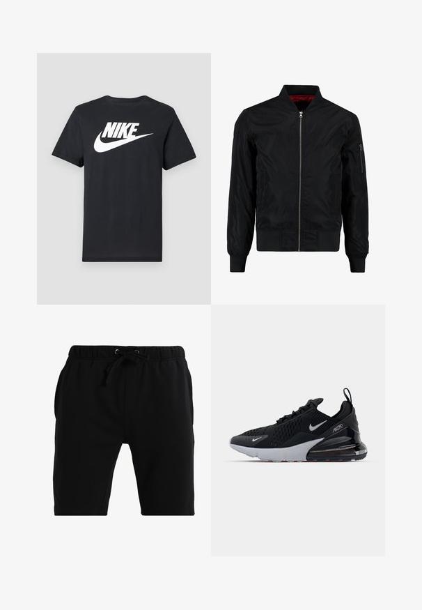 Zwarte bomberjack met een ritssluiting aan de voorkant, ribbelmanchetten en -onderrand, en een gladde buitenkant. Heeft een rode voering en een ritszak op de mouw.; Zwarte korte mouwen T-shirt met wit Nike-logo en swoosh in het midden van de borst, weergegeven op een lichtgrijze achtergrond.; Zwarte katoenen shorts met een elastische tailleband en een trekkoord, zijzakken en een slim fit ontwerp. Gladde textuur en knielengte.; Zwarte sportieve schoen met bovenwerk van mesh, witte tussenzool en zichtbare luchtkussens in de hiel. Slank ontwerp met subtiele zilveren accenten.