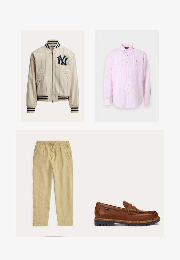 Hellcremefarbene Baseballjacke mit marineblauen Nadelstreifen. Verfügt über ein marineblaues "NY"-Logo, gerippten Kragen, Bündchen und Saum. Beinhaltet Seitentaschen und rote Stickereien.; Hellrosa und weiß gestreiftes, langärmeliges Hemd mit Knöpfen, Kragen und kleinem blau besticktem Logo auf der linken Brust.; Hellbeige Freizeithose mit elastischem Bund und Kordelzug, Seitentaschen und geraden Beinen auf einfarbigem Hintergrund.; Brauner Lederloafer mit aufgenähten Details, robuster schwarzer Sohle und kleinem "Polo"-Etikett an der Seite.
