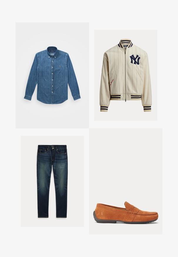 Hellcremefarbene Baseballjacke mit marineblauen Nadelstreifen. Verfügt über ein marineblaues "NY"-Logo, gerippten Kragen, Bündchen und Saum. Beinhaltet Seitentaschen und rote Stickereien.; Denimhemd mit langen Ärmeln, Button-Down-Kragen und einem dezenten vertikalen Streifenmuster in einem mittelblauen Farbton mit einem Logo-Akzent.; Dunkelblaue Slim-Fit-Jeans mit verblassten Details, Fünf-Taschen-Design und Knopfverschluss, flach auf weißem Hintergrund ausgelegt.; Brauner Wildleder-Herrenschuh mit Ziernähten, einer Münzöffnung am Schaft und einer dunklen Gummisohle.
