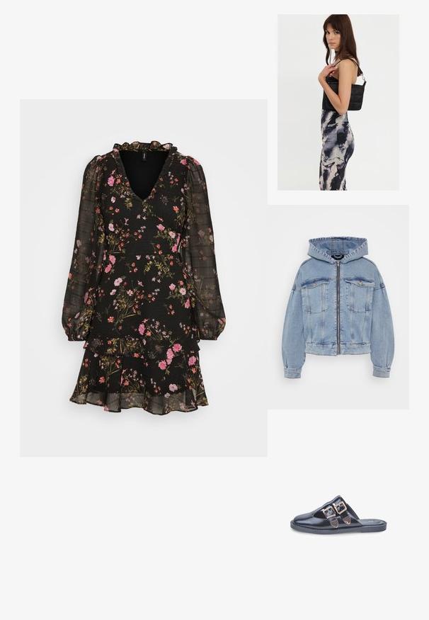 Vaalean sininen farkkutakki, jossa on huppu, vetoketju ja kaksi rintataskua. Ominaisuuksiin kuuluu rento malli ja hieman kulunut pinta.; Vero Moda VMROSA V NECK SHORT DRESS - Vapaa-ajan mekko - black/pink yarrow; Mustat nahkaiset liukupohjaiset mallit, joissa on terävä kärki ja kaksi kultabukkelia päällä, litteä kumipohja, kuvattuna valkoista taustaa vasten.; Musta tikattu olkalaukku, jossa on yksi hihna ja hopeiset yksityiskohdat, yhdistetty istuvaan krakleerauskuosiseksi mekkoon mustan ja kerman sävyissä.