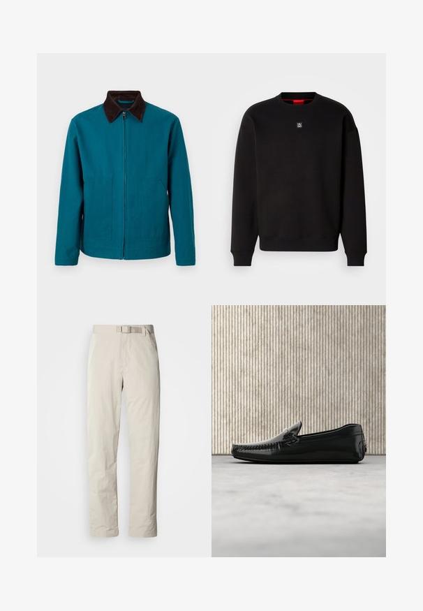 Veste zippée couleur sarcelle avec col marron foncé, manches longues et deux poches avant, présentée sur un fond clair uni.; Sweat-shirt noir en tissu doux avec un col ras du cou, des poignets côtelés et un petit logo carré sur la poitrine. Il présente un col intérieur rouge.; Pantalons beiges au design droit, fabriqués dans un tissu léger. Dotés d'une ceinture intégrée et d'une texture subtile avec une finition élégante.; Mocassins en cuir noir avec une finition brillante, bout rond et quincaillerie décorative à l'avant. Semelle en caoutchouc à profil bas. Texture lisse.