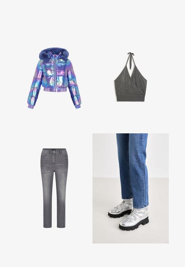 Gekürzte Steppjacke, irisierender Stoff in Blau- und Lilatönen, mit flauschigem, blau gefüttertem Kapuzenfell, Frontreißverschluss und Seitentaschen.; Graues Neckholder-Strick-Crop-Top mit Wickel-Front und breitem geripptem Saum vor weißem Hintergrund.; Graue gerade geschnittene Jeans mit Fronttaschen, die mit kleinen silbernen Nieten verziert sind, Knopfverschluss und Gürtelschlaufen.; Metallicsilberne Knöchelstiefel mit einer robusten schwarzen Sohle, ausgestattet mit einem gepolsterten Oberteil und Schnürsenkeln, kombiniert mit blauen geraden Jeans.