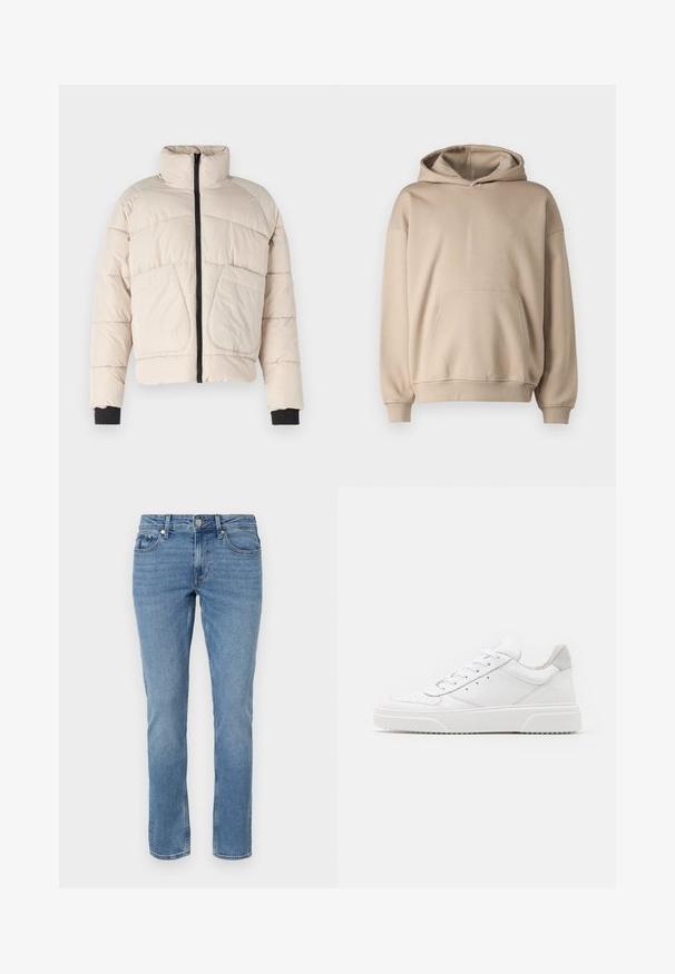 Beige pufferjakke med høj krave, sort lynlås og to store forlommer. Har ribbede sorte manchetter.; Beige hætte sweatshirts, blødt stof, løs pasform, kengurulomme, ribbede manchetter og kant, minimalistisk design, glat tekstur.; Blå lige ben denim jeans med for lommer, bæltesløjfer og knaplukning.; Hvide lædersneakers med en glat finish, rund tå, flade snørebånd og en struktureret sål. Grå ruskindsdetalje ved hælen.