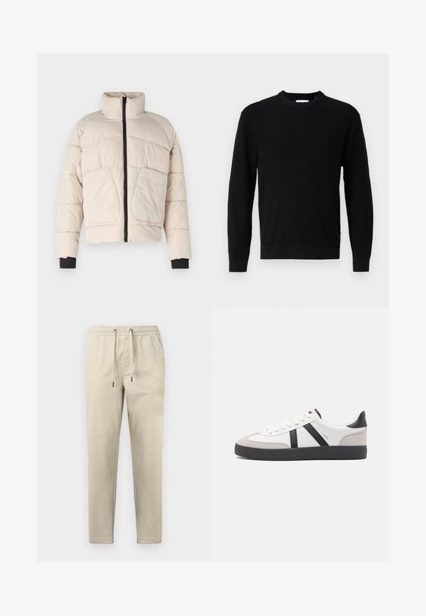 Veste doudoune beige avec un col montant, fermeture éclair noire et deux grandes poches avant. Présente des accents de poignet noirs côtelés.; Pull noir à manches longues avec col rond, texture côtelée et poignets ajustés, présenté sur un fond gris clair uni.; Pantalon beige en velours côtelé avec taille élastique et cordon, coupe droite, poches avant, conçu pour un usage décontracté.; Baskets blanches avec des accents noirs et gris, présentant un embout texturé gris, une semelle en caoutchouc noir et des lacets plats blancs. Design épuré, style minimaliste.