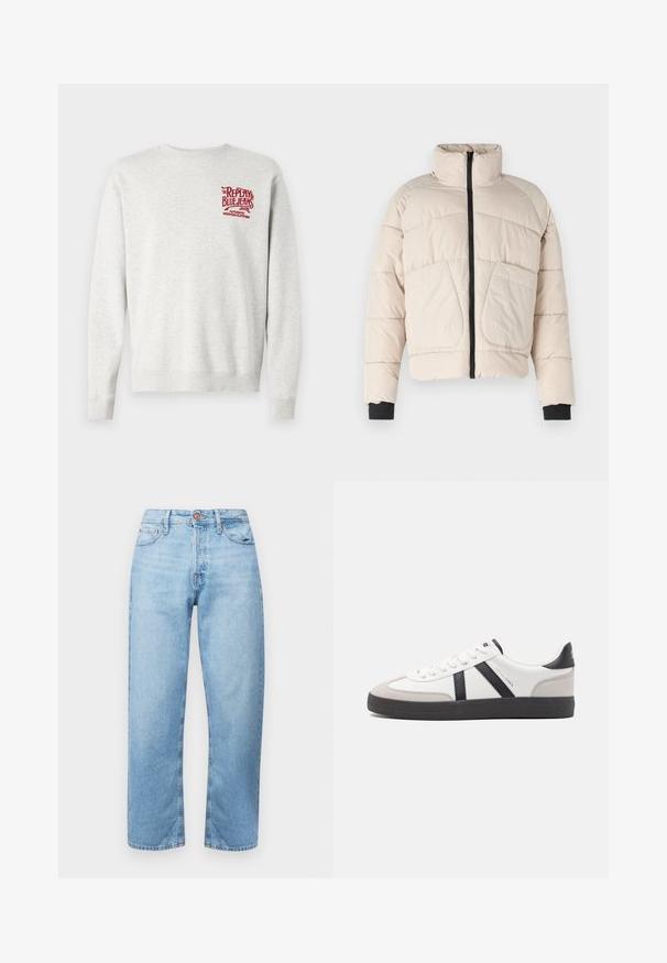 Beige Daunenjacke mit hohem Kragen, schwarzem Reißverschluss und zwei großen Fronttaschen. Mit gerippten schwarzen Bündchenakzenten.; Grauer Sweatshirt aus Baumwolle mit gerippten Bündchen und Saum sowie rotem Drucklogo auf der Brust. Klassisches Rundhalsausschnitt-Design.; Hellblaue Jeans aus Denim mit geradem Schnitt, Fünf-Taschen-Design und Knopfverschluss. Glatte Textur und minimale Ausbleichung mit gestickten Akzenten.; Weiße Sneaker mit schwarz- und grau-aczenten, ausgestattet mit einer strukturierten grauen Zehenkappe, schwarzer Gummi-Sohle und flachen weißen Schnürsenkeln. Sauberes Design, minimalistische Stil.