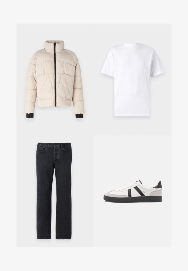 Beige Daunenjacke mit hohem Kragen, schwarzem Reißverschluss und zwei großen Fronttaschen. Mit gerippten schwarzen Bündchenakzenten.; Weißes kurzärmeliges T-Shirt aus Baumwolle mit Rundhalsausschnitt, das eine glatte Textur und ein einfaches Design ohne Muster oder Akzente aufweist.; Schwarze Denim-Jeans mit geradem Bein, fünf Taschen, Gürtelschlaufen und minimalen Nähten. Hergestellt aus weichem, strukturiertem Baumwollstoff.; Weiße Sneaker mit schwarz- und grau-aczenten, ausgestattet mit einer strukturierten grauen Zehenkappe, schwarzer Gummi-Sohle und flachen weißen Schnürsenkeln. Sauberes Design, minimalistische Stil.