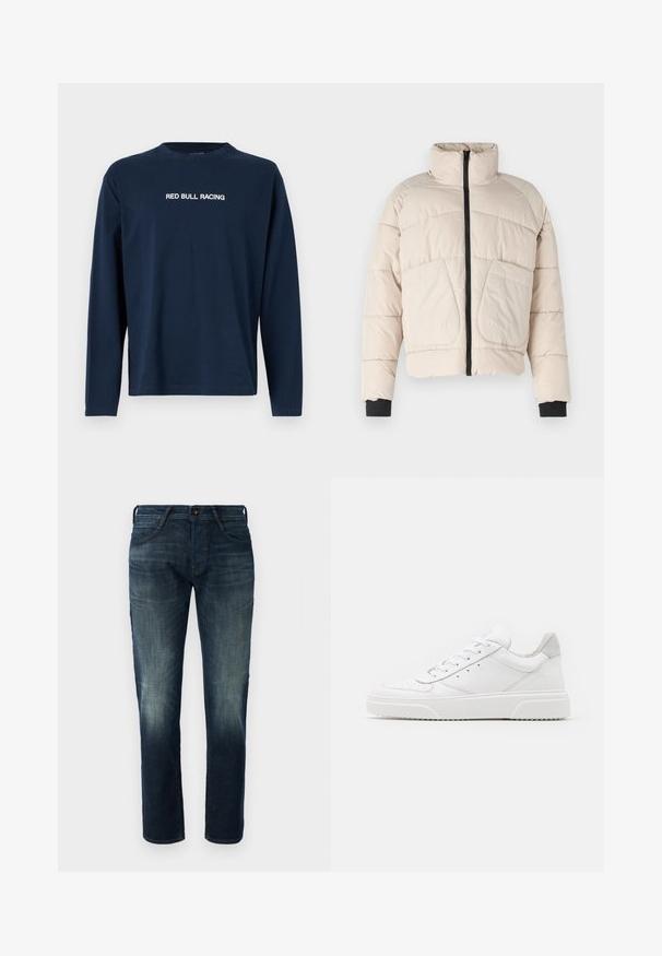 Beige pufferjack met een hoge kraag, zwarte ritssluiting en twee grote voorkanten. Voorzien van geribbelde zwarte manchetten.; Marineblauwe lange mouw t-shirt van katoen met een ronde hals en de tekst "RED BULL RACING" in het wit over de borst.; Donkerblauwe rechte jeans van denim met lichte vervaging op de dijen en knieën, met knoop- en ritssluiting aan de voorkant en vijf-pocketstijl.; Witte leren sneakers met een gladde afwerking, ronde neus, platte veters en een gestructureerde zool. Grijze suède accent bij de hiel.