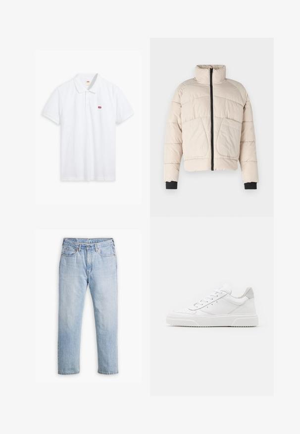 Beige pufferjack met een hoge kraag, zwarte ritssluiting en twee grote voorkanten. Voorzien van geribbelde zwarte manchetten.; Witte polo shirt van katoen. Voorzien van een drie-knopen sluiting, korte mouwen en een klein rood Levi's logo op de linkerborst.; Lichtblauwe denim jeans met een recht model, vijf zakken en contrasterende stiksels. Knopen- en ritssluiting bij de taille.; Witte leren sneakers met een gladde afwerking, ronde neus, platte veters en een gestructureerde zool. Grijze suède accent bij de hiel.
