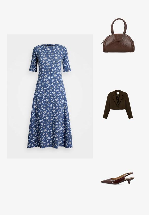 Mørkebrunt cropped blazer med lange ærmer, lukning med enkelt knap foran, hakkede revers og indvendig satinforing.; Blomstret blå kjole med korte ærmer, rund halsudskæring og svingende talje. Fremstillet af blødt stof med et hvidt blomstermønster over det hele.; Bianco Kitten heels BIAKRISTIN - Pumps - burgundy; Lille brun læderhåndtaske med rundet form, dobbelte håndtag, klaplukning foran og detaljer med lynlås i siden.