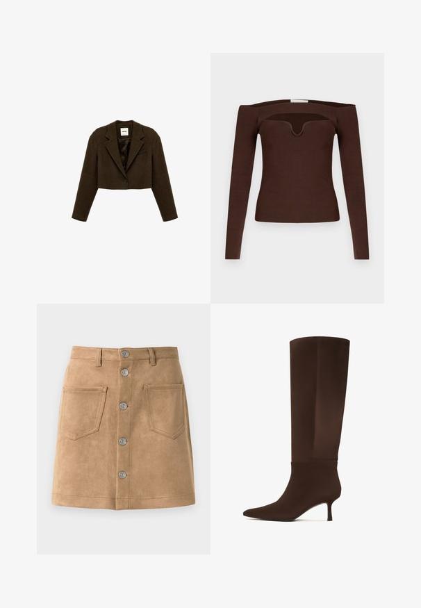 Mørkebrunt cropped blazer med lange ærmer, lukning med enkelt knap foran, hakkede revers og indvendig satinforing.; Brun ribbet langærmet top med off-shoulder design og en V-formet halsudskæring, med en tekstureret, tætsiddende silhuet.; Tan suede nederdel med en tætsiddende form, fem metalliske frontknapper og to forlommer, der har en glat tekstur og rene kanter.; Brun knæhøj støvle lavet af glat materiale, med spids tå og en slank, høj hæl. Sømløst design med minimale accenter.