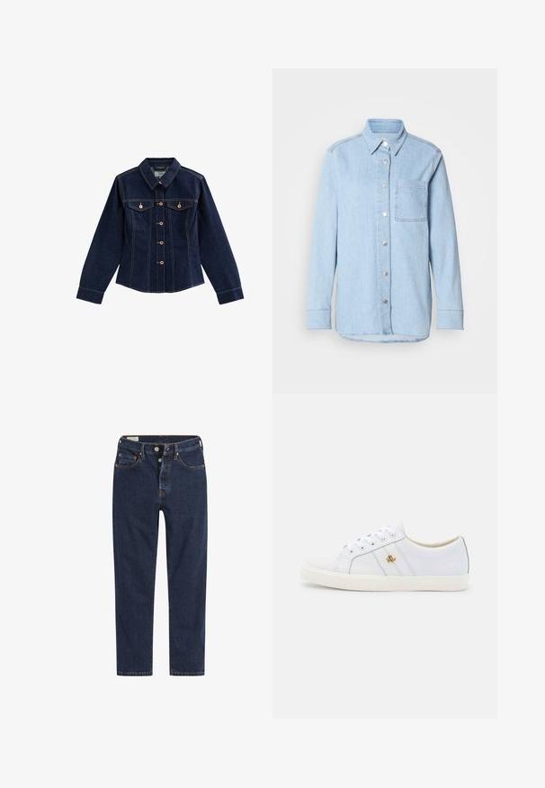 Dunkelblaue Jeansjacke mit langen Ärmeln, Frontknopfleiste, zwei Brusttaschen mit Knopfklappen und spitzem Kragen.; Himmelblaues Denim-Hemd mit Knopfverschluss, spitzem Kragen, einer Brusttasche und langen Ärmeln mit knöpfbaren Manschetten.; Dunkelblaue Denim-Jeans mit geradem Bein, mit Kupfernähten und klassischem Fünf-Taschen-Design, Knopfverschluss und Gürtelschlaufen.; Lauren Ralph Lauren JANSON II ACTION LEATHER SNEAKER - Sneaker low - real white