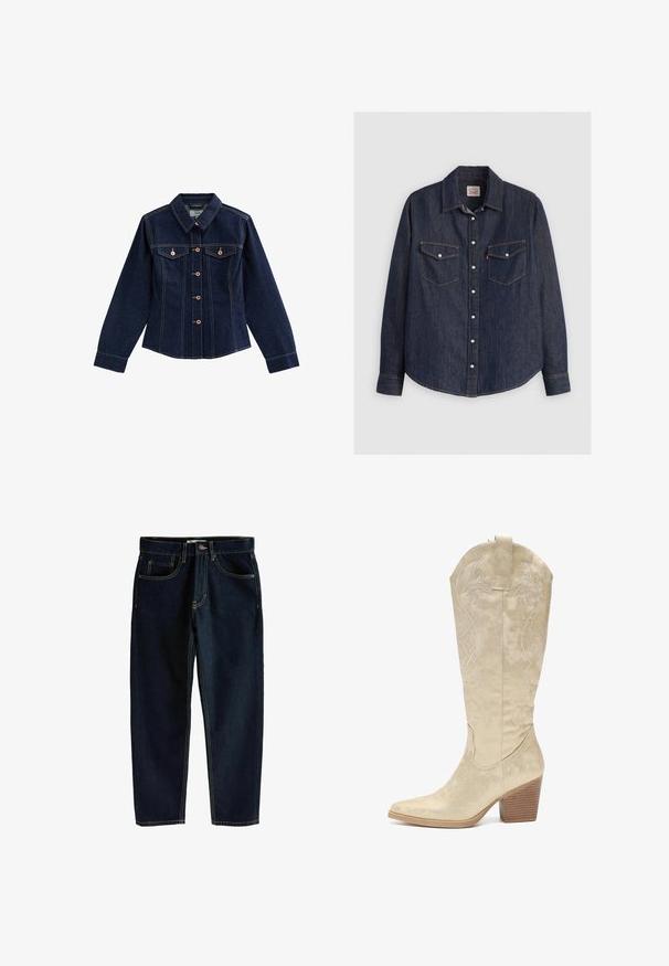 Donkerblauwe spijkerjack met lange mouwen, knoopsluiting aan de voorkant, twee borstzakken met knoopflappen en een puntige kraag.; Donkerblauwe denim overhemd met lange mouwen, kraag met knopen aan de voorkant, twee borstzakken met kleppen en contrasterende gele stiksels.; Donkerblauwe denim jeans met een rechte snit, vijf zakken en contrasterende gouden stiksels. Voorzien van een knoop en een ritssluiting aan de voorkant.; Salinyang Cowboy-/Bikerlaarzen - goldfarben
