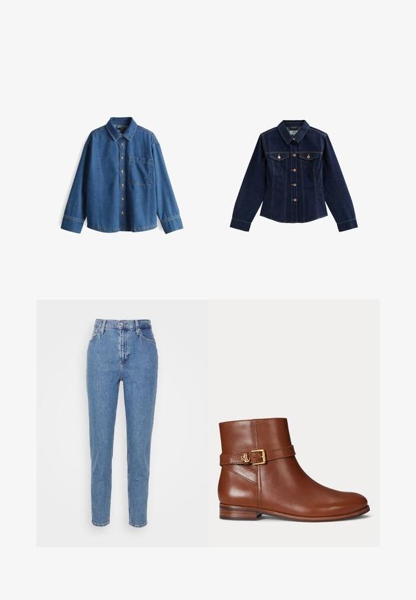 Dunkelblaue Jeansjacke mit langen Ärmeln, Frontknopfleiste, zwei Brusttaschen mit Knopfklappen und spitzem Kragen.; Jeanshemd, hellblau, langärmlig, Knopfleiste vorne, Kragen, eine Brusttasche, kontrastierende Nähte und ein lässiger Schnitt.; Blaue hochtaillierte gerade Jeans mit verdecktem Knopf und Reißverschluss, Gürtelschlaufen und Taschen, vor einem schlichten weißen Hintergrund präsentiert.; Brauner Lederknöchelstiefel mit niedrigem Absatz und goldener Schnallriemen-Detail an der Seite vor weißem Hintergrund.