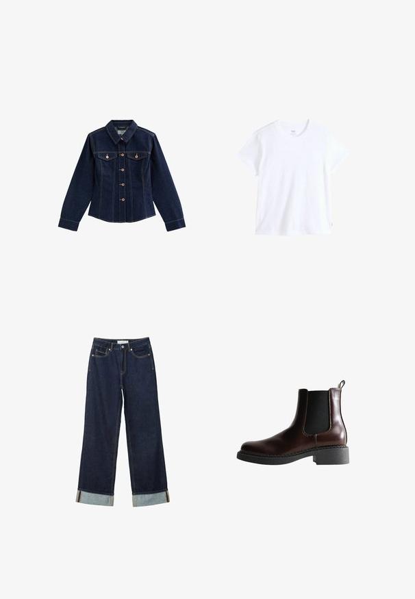 Dunkelblaue Jeansjacke mit langen Ärmeln, Frontknopfleiste, zwei Brusttaschen mit Knopfklappen und spitzem Kragen.; Weißes Baumwoll-T-Shirt mit kurzen Ärmeln, rundem Ausschnitt und geradem Saum. Mit kleinem rotem Logostreifen an der unteren linken Seite.; Dunkelblaue, weit geschnittene Jeans mit hoher Taille, ausgestattet mit aufgerollten Säumen, Kontrastnähten und einem Fünf-Taschen-Design. Hergestellt aus Denim-Stoff.; Braune Leder-Boots mit elastischen Seitenteilen, runder Spitze und einer strukturierten schwarzen Gummisohle. Verfügt über kontrastierende Nähte und eine Ziehlasche.