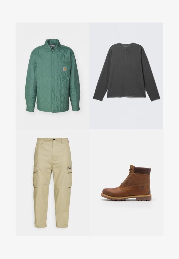 Quiltet jakke i gedempet grøn med krave, trykknaplukninger og en brystlomme med et logo. Letvægtigt, tekstureret stof.; Mørkegrå langærmet henley-shirt med rund halsudskæring og tre knapper på frontpladen.; Beige cargo bukser lavet af slidstærkt stof, med to sidelommer, knaplukning og smalle ben med en glat overflade.; Brun læder vandrestøvle med en glat finish, polstret ankel, metalliske snørehuller og en gummisål med et robust dækmønster.